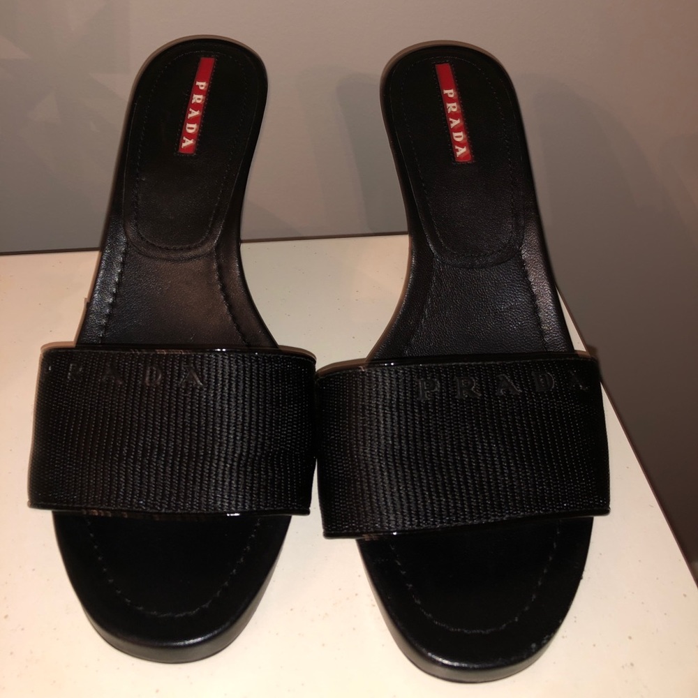 Prada black leather wedges